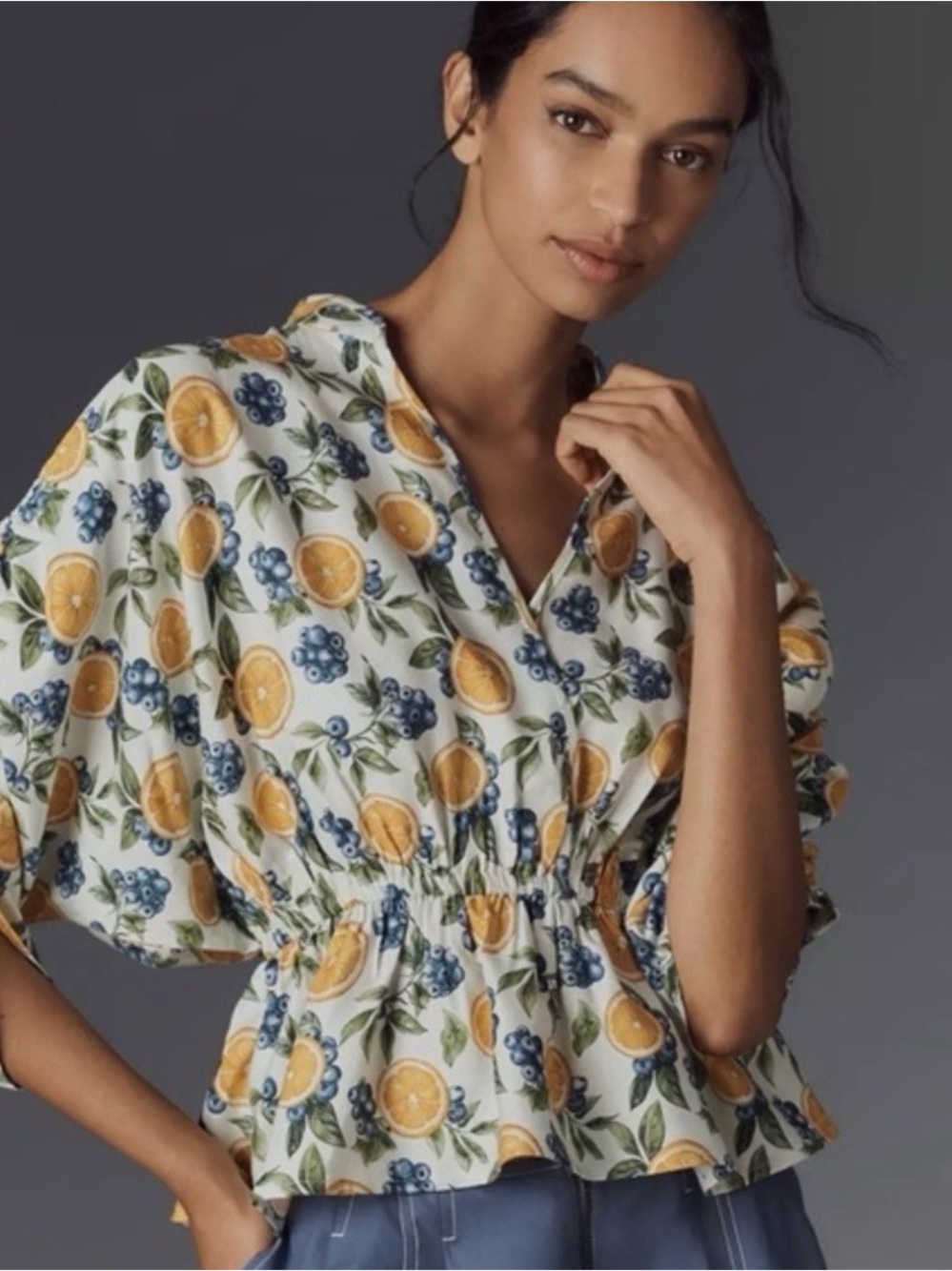 Maeve White Blouse with Yellow Orange and Blue Fruit Print